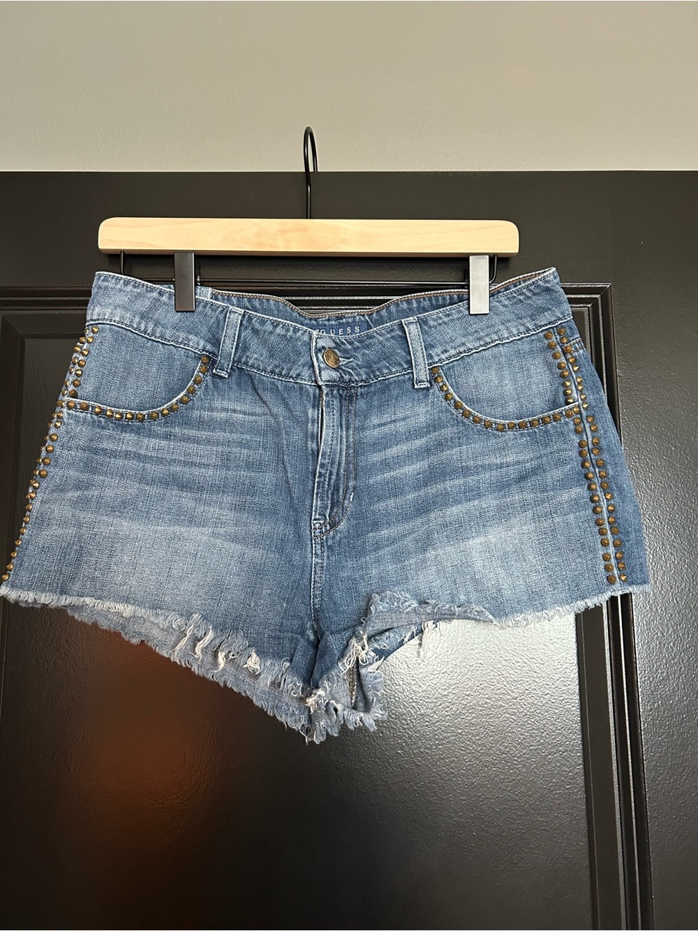 Guess Light Blue Denim Studded Frayed Hem Shorts
